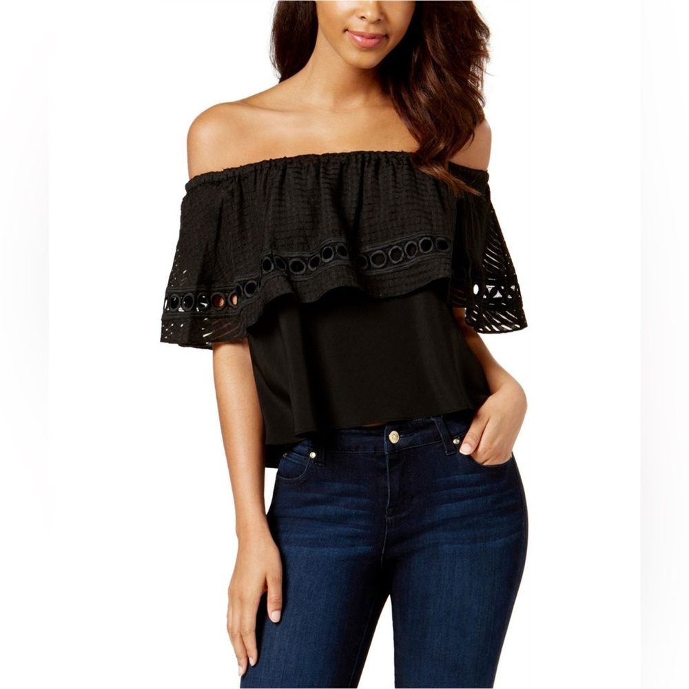 RACHEL Rachel Roy Black Off-Shoulder Eyelet Ruffle Blouse